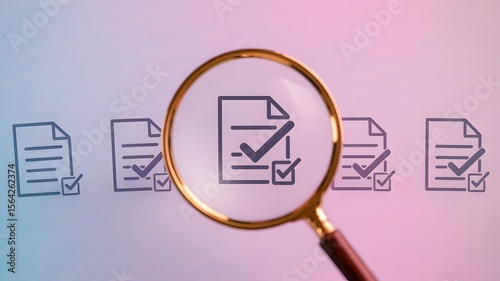 Magnifying Glass Focusing On Document With Check Mark Representing Quality Assurance Verification Audit Review Control Concept

