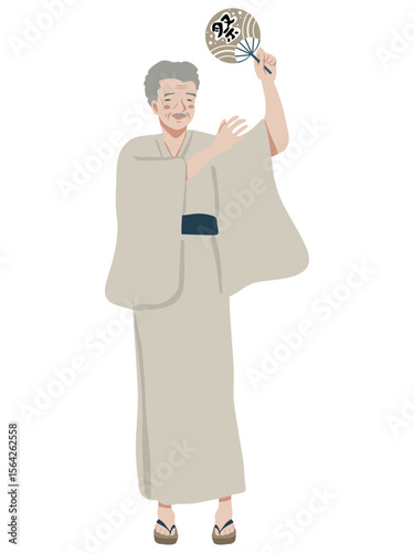 うちわを持って踊るシニア男性のイラスト
