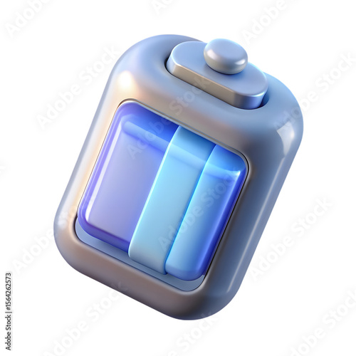 Futuristic blue battery icon with metallic casing and power indicator isolated on transparent background