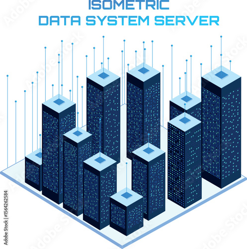 Isometric data system server network. Computer storage or farming workstation. Web hosting, data backup copy, recover file concept, blockchain. Internet traffic routing, server room rack vector tech