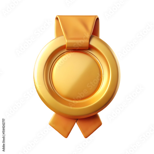Shiny golden award medal with orange ribbon isolated on transparent background