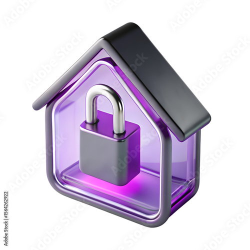Secure home icon with padlock inside transparent purple house isolated on transparent background