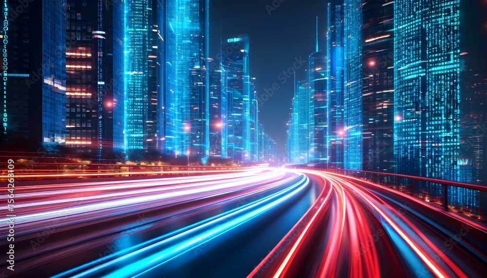 Naklejka premium Futuristic cityscape with blurred light trails on road, illuminated buildings with blue and orange lights at night.