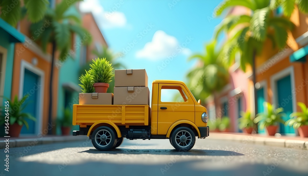 Fototapeta premium A small yellow toy truck with cardboard boxes and a potted plant on the back driving down a street lined with colorful buildings and palm trees