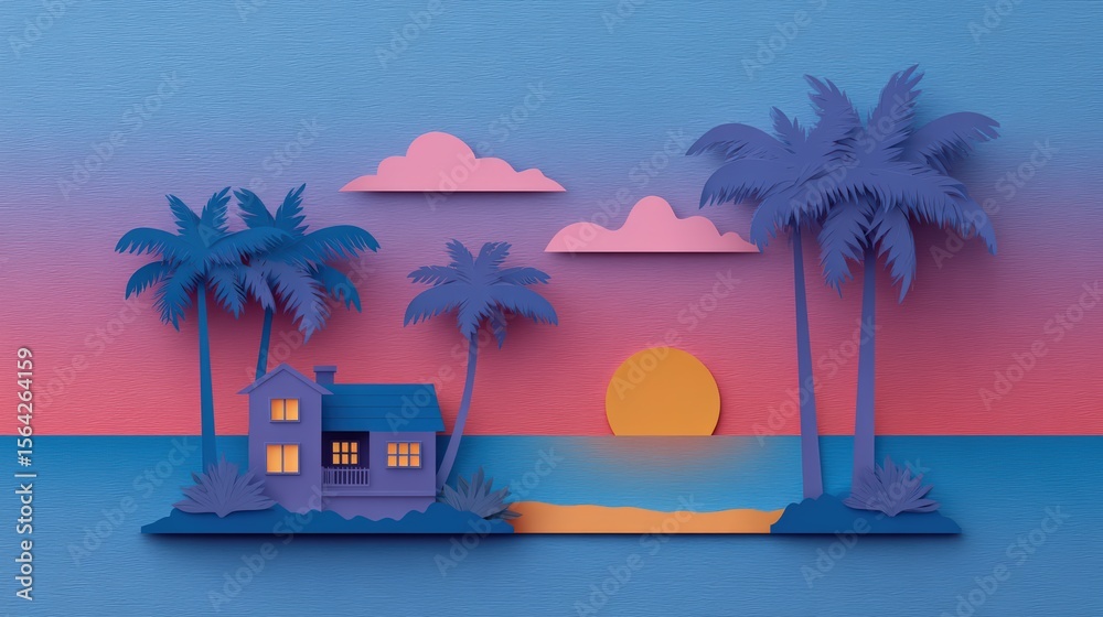 Obraz premium Tropical beach sunset with palm trees and beach house in paper cut style