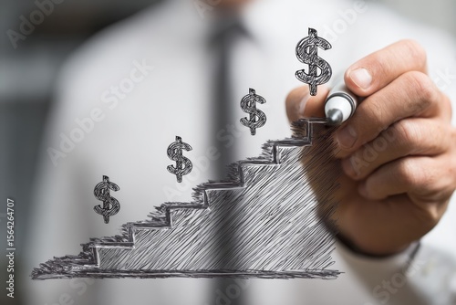 Financial Growth Visualization: A businessman's hand draws a rising staircase symbolizing financial growth, with dollar signs ascending along the steps, illustrating progress and success.