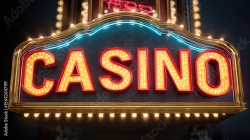 Casino Sign at Night: A vibrant casino sign illuminates the night, its bright lights drawing attention to the word 