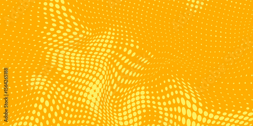 Yellow orange halftone background. Retro comic grain texture. Pixilated dots cartoon wallpaper. Pop art faded gradient pattern. Vector backdrop.