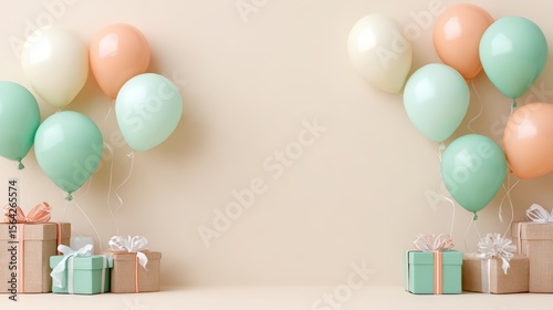 Soft pastel birthday celebration background with mint green and peach balloons and gifts