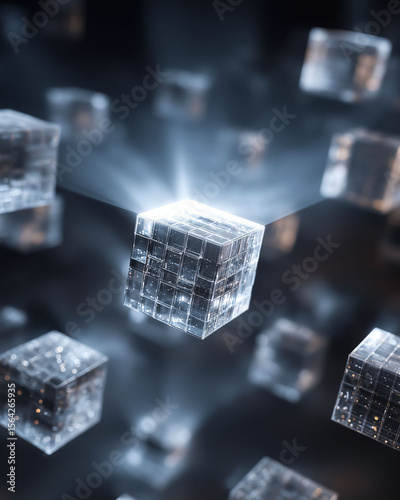 Data scientist big data decision. Floating cubes illustrating data transformation concept in a digital format.
