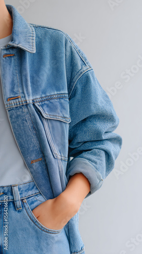 woman in jeans, close-up of a model wearing a matching denim jacket and high-waisted jeans set