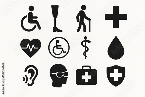 Disability and Health Silhouette Icon Set with Medical and Safety Symbols Vector Collection