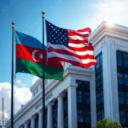 flags of the United States of America and Azerbaijan against the backdrop of the embassy building photo