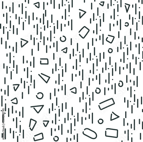 Texture with vertical short lines and dots. Between these line masses there are geometric figures.