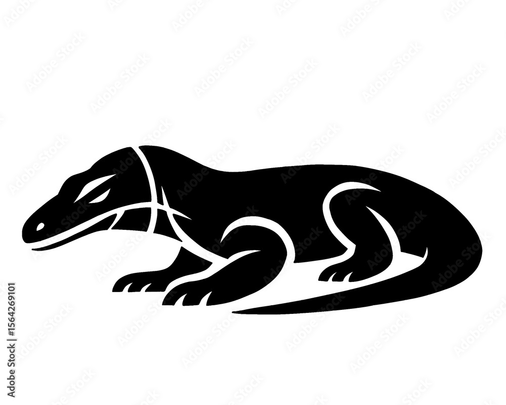 Naklejka premium Komodo dragon silhouette, black komodo dragon vector illustration, isolated icon on white background 