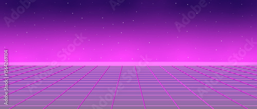 Cyberpunk retro futuristic background with neon grid, glowing pink horizon and starry sky. Inspired by synthwave and vaporwave aesthetics, perfect for sci-fi and tech designs.