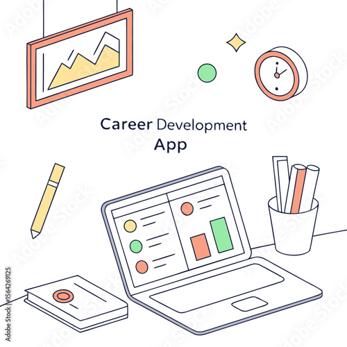 Illustration of a career development app interface on a laptop with a graph clock pen and notebook symbolizing growth and planning