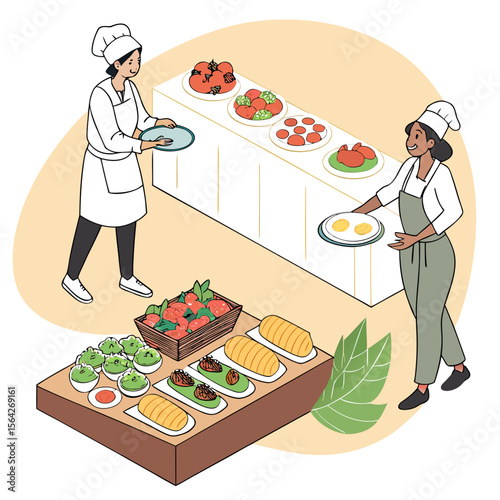 Two smiling chefs in uniform presenting a buffet spread of fresh vegetables bread rolls and cooked dishes with a clean modern illustration style