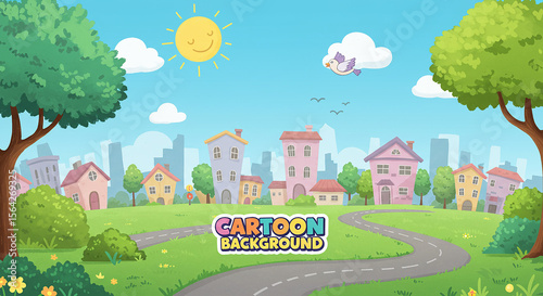 Cheerful cartoon cityscape inviting imagination for creative stories with whimsical houses under a bright sun and a