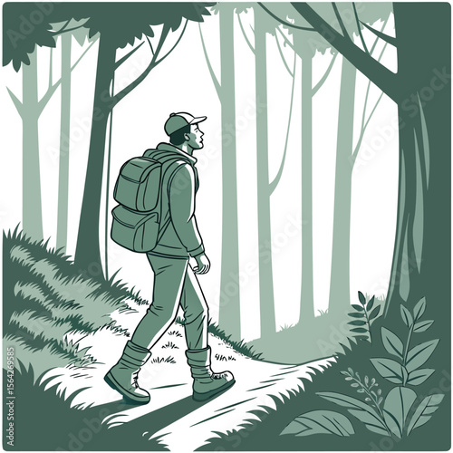 A lone hiker with a backpack walks along a shaded forest path surrounded by tall trees and lush green foliage on a bright day
