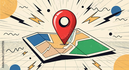 Retro-Futuristic Glossy Red Map Pin on a Simplified Textured Map with Blue, Tan, and Green Sections, 
