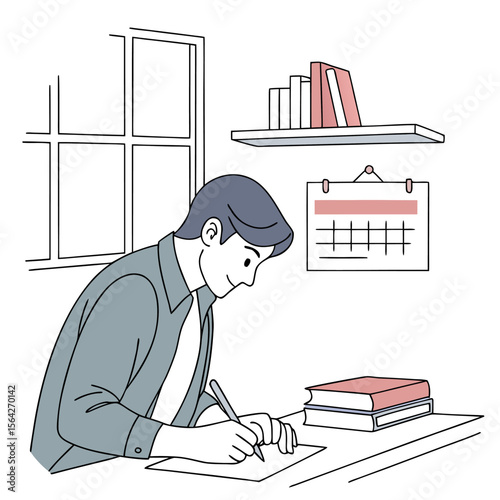 A young man diligently studying and writing at a desk with books and a calendar on the wall near a window