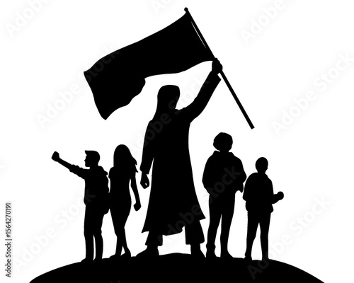 Silhouette of young people waving flag, young people demonstration and acceleration, isolated icon on background	