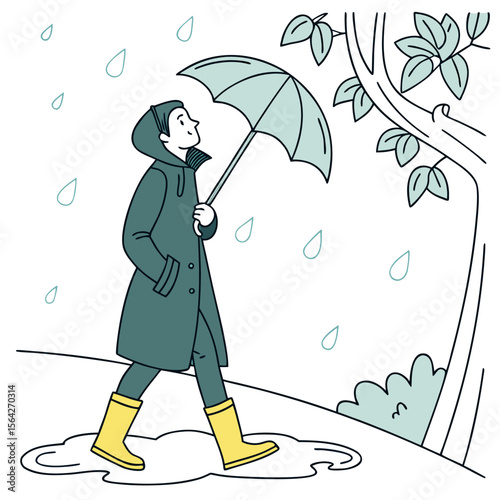 A person wearing a raincoat and yellow boots walks under an umbrella during a light rain shower next to a tree