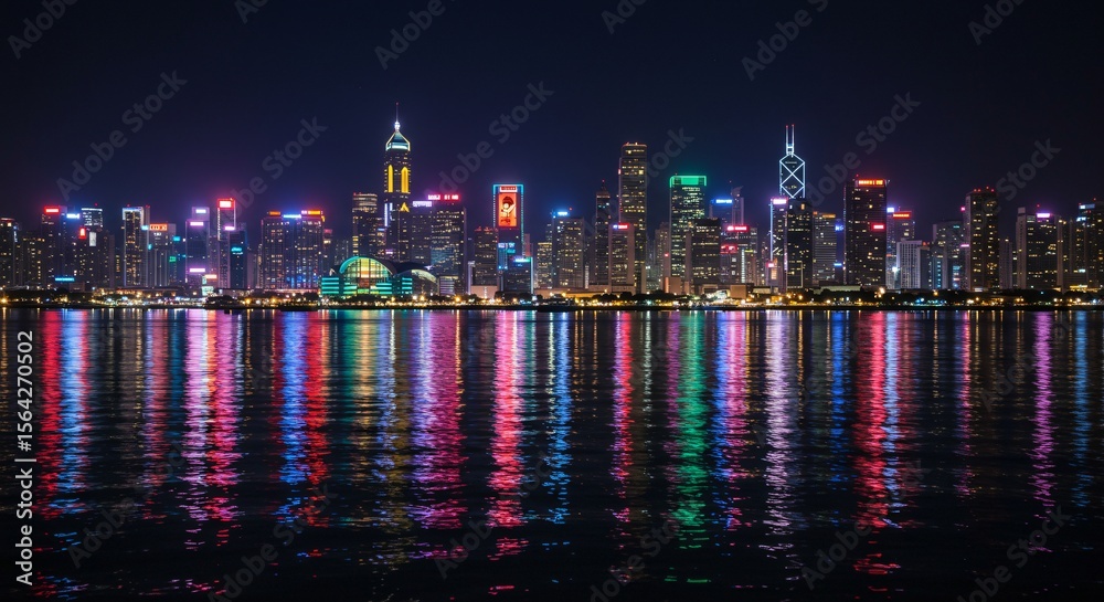 Obraz premium Neon City Skyline at Night with Vibrant Water Reflection
