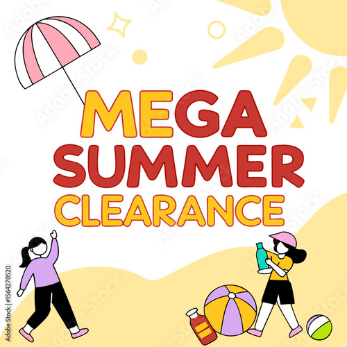 Exciting mega summer clearance sale with playful illustrations of children enjoying the beach and summer activities promoting discounts
