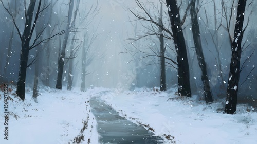 A snowy path winds through a winter forest.