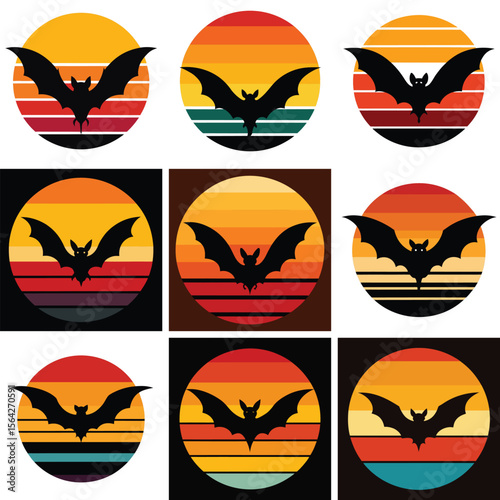 Retro sunset bat silhouette collection with vintage striped circle designs