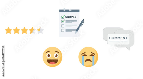 Customer feedback with survey, stars rating, comments, and emojis on white background