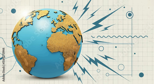 Retro-Futuristic Halftone Earth Globe with Yellow-Brown Landmasses and Light Blue Oceans on a Textured Grid Background