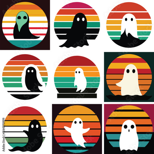 Retro sunset ghosts collection featuring vintage halloween vibes