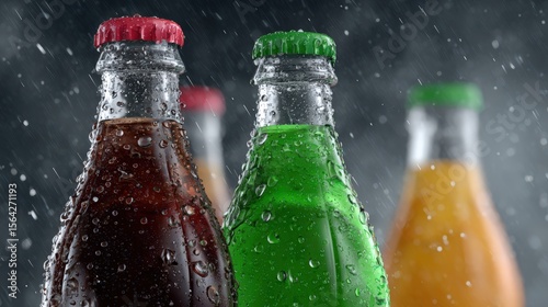 Close up of colorful soda bottles with condensation on rainy background