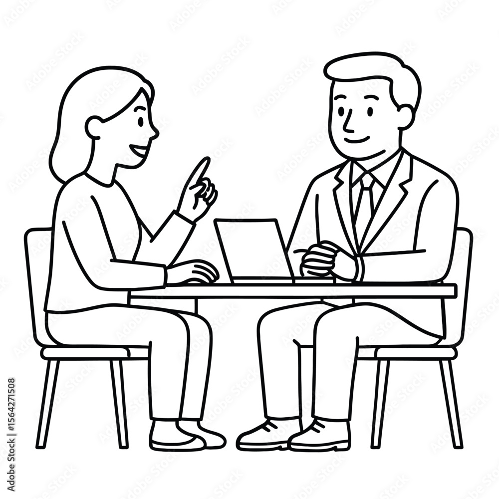 A man and a woman are sitting at a table, engaged in a business meeting, actively discussing ideas and strategies using a laptop. A man and a woman are sitting at a table, engaged in a business meeting, actively discussing ideas and strategies using a laptop.
