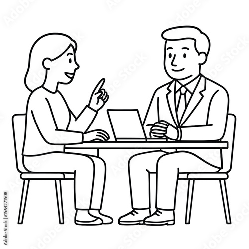 A man and a woman are sitting at a table, engaged in a business meeting, actively discussing ideas and strategies using a laptop.