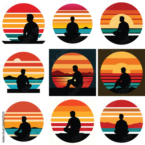 Silhouette of a person meditating against a vibrant retro sunset background