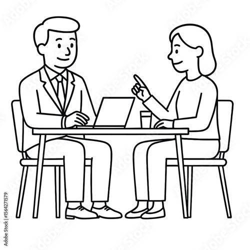 A man and a woman sit at a table, engaged in a business meeting, using a laptop and discussing ideas, showcasing effective teamwork and communication.
