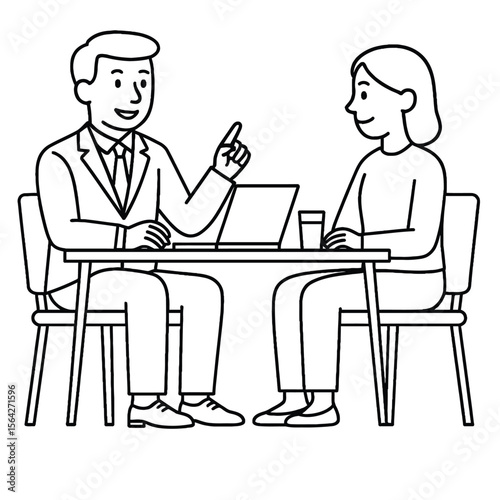 A businessman and a businesswoman are sitting at a table, engaged in a discussion, with a laptop and drinks present, showcasing a professional business meeting.