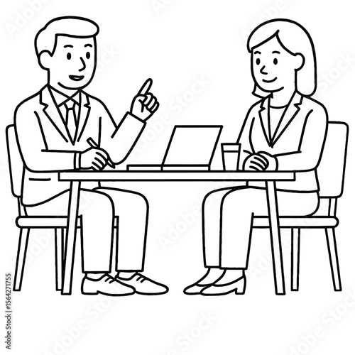 A man and a woman in business attire are sitting at a table, engaged in a discussion, with a laptop and drinks present, suggesting a business meeting or interview.