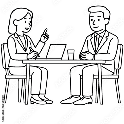 A man and a woman are sitting at a table, engaged in a business meeting, discussing ideas and using a laptop, showcasing collaboration and teamwork.