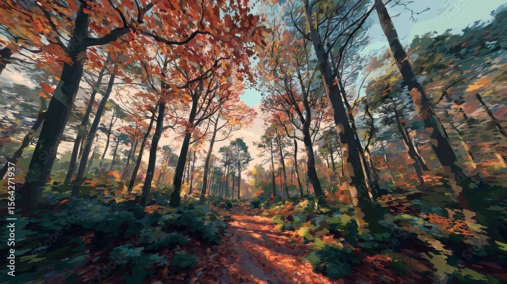 Naklejka premium Autumnal forest path with vibrant fall foliage.