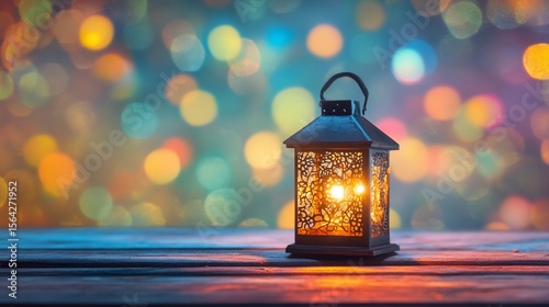 Vintage ornamental lantern emitting a soft golden light on wooden surface