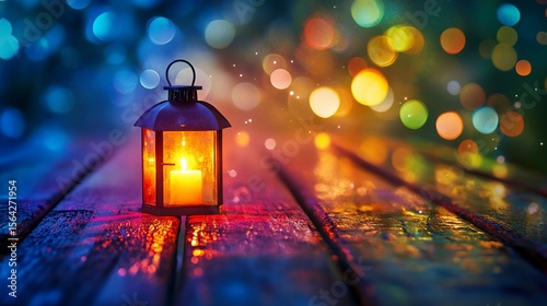 Glowing lantern on weathered wood with bokeh lights creating a festive ambiance