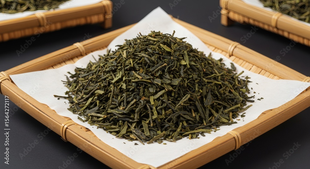 Fototapeta premium Rustic Bamboo Tray of Dried Green Tea Leaves Purity, Tradition, and Essence
