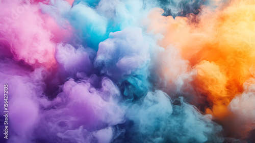 A colorful cloud of smoke with a rainbow of colors. The smoke is thick and billowing, creating a sense of movement and energy. The colors of the smoke are vibrant and eye-catching