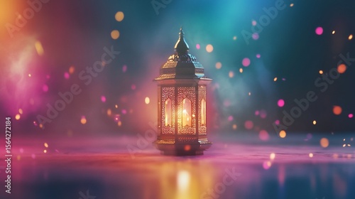 Ethereal Moroccan lantern glowing with warm light amidst festive bokeh effects