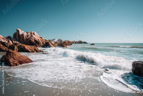 Minimalist Rocky Shoreline with Gentle Waves and Clear Sky